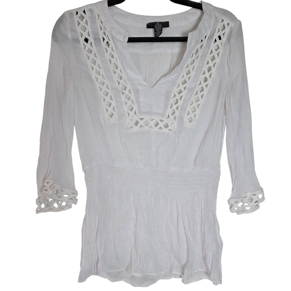 Alfani Tops - Alfani Petite 8P White Crochet Cutout V Neck 3/4 Sleeve Boho Blouse
